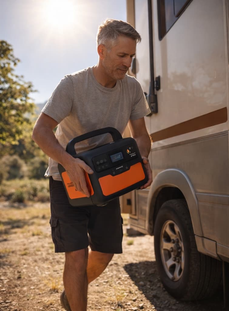 A man relocating a portable power station from direct sunlight to a shaded area beside an RV to prevent overheating.