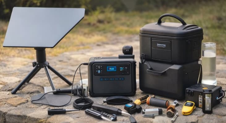 Portable power station with accessories including Starlink Mini dish, cables, protective case, and essential RV power tools arranged outdoors.