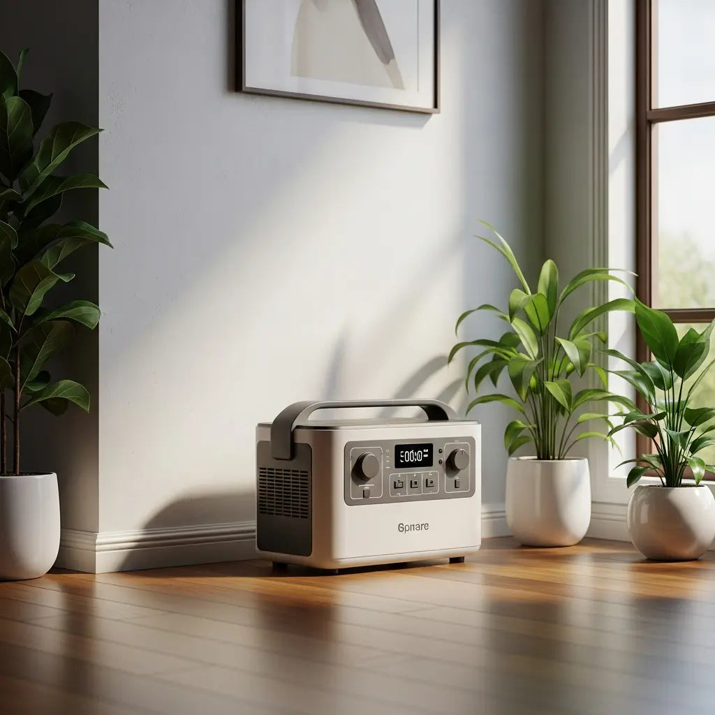 A non-branded power station on the floor of a room in a clean home setting, with natural light and plants.