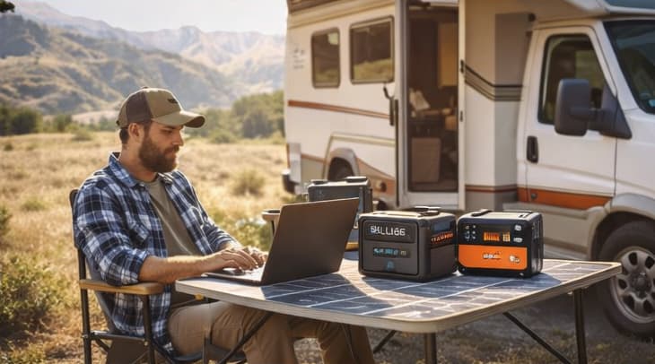 A man working from an RV mobile office setup powered by portable power stations in a remote outdoor location.