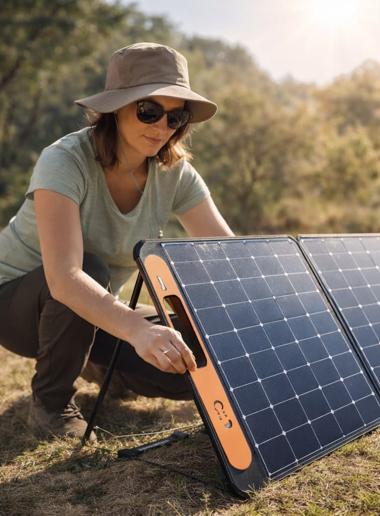 A woman wearing sunglasses and a brim hat adjusting a portable solar panel on a stand outside to maximise direct sunlight exposure.